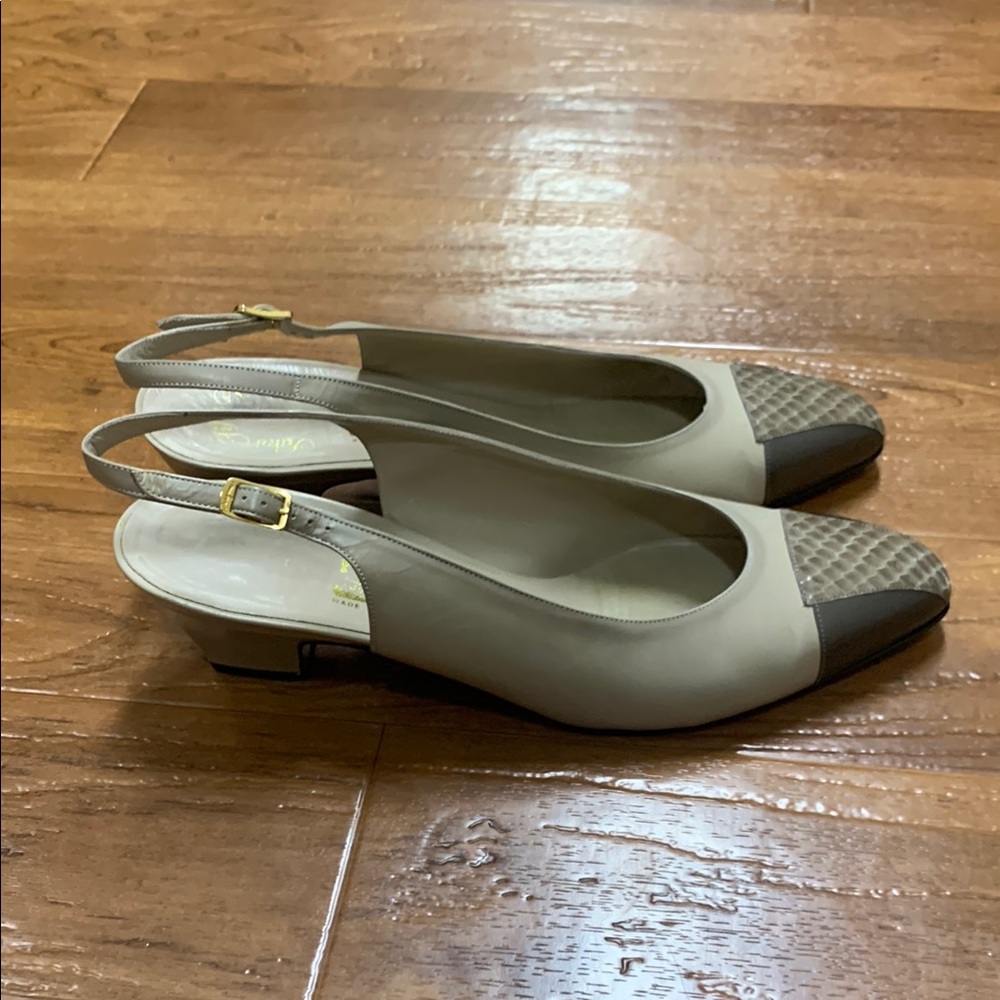Salvatore Ferragamo Classic Beige Slingback Pumps with Brown Toe Cap